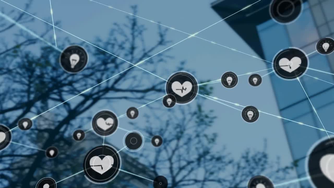 높은 건물을 배경으로 디지털 아이콘의 네트워크