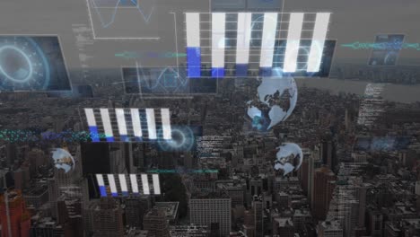 animation of data processing against aerial view of cityscape