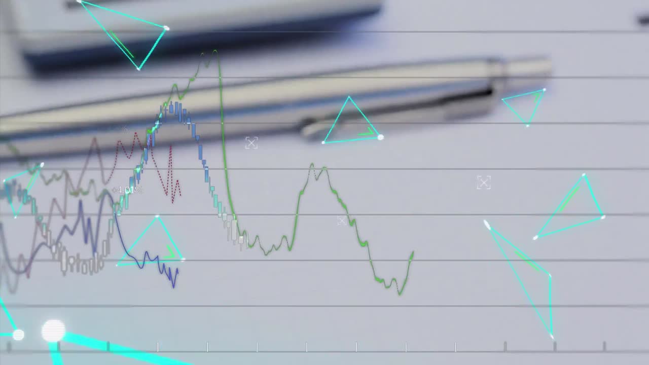 animación de triángulos y formas flotantes con estadísticas y gráficos en un fondo de cuaderno