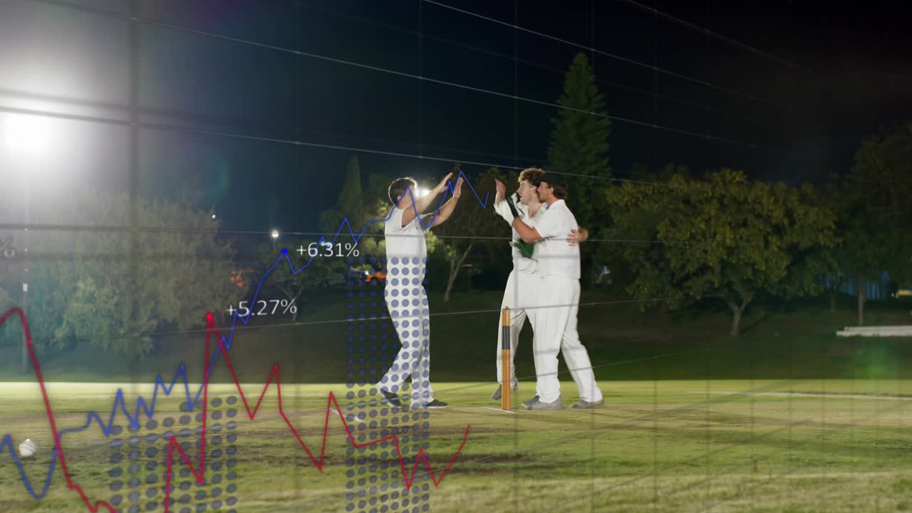 Giocatore di cricket che corre e lancia la palla, il portiere che si appella per eliminare il battitore, grafici in sovrapposizione