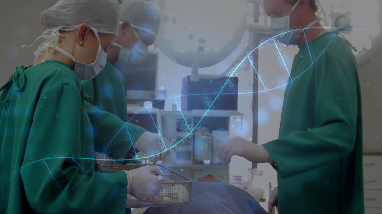 Performing surgery, medical team with DNA strand animation overlay in operating room