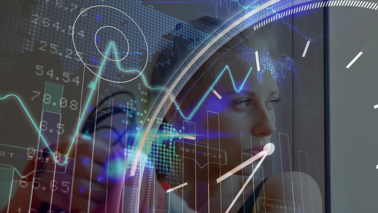 Woman holding coiled band by window, clock ticking and charts tracking fitness progress