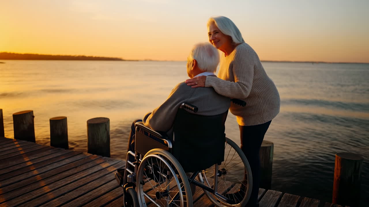 Eldre par på brygge ser på solnedgangen, mann i rullestol