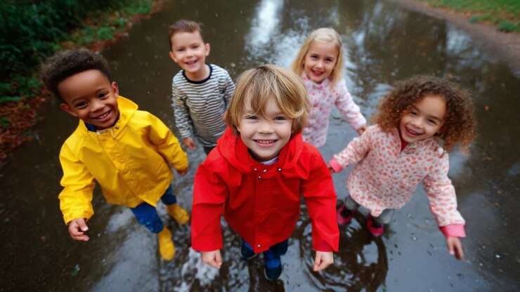 Gruppo di bambini diversi che giocano in una pozzanghera in una giornata piovosa