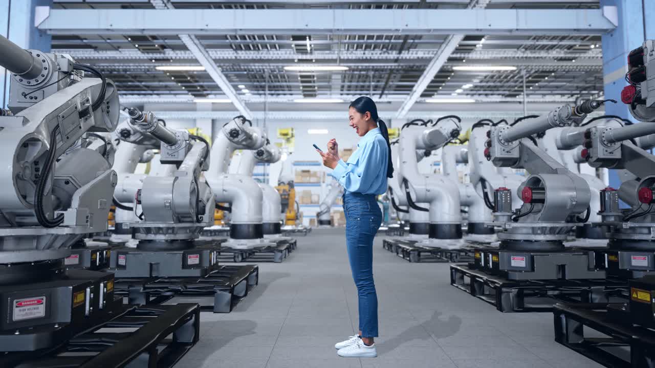 산업 로 을 가진 현대 공장 에 있는 여자