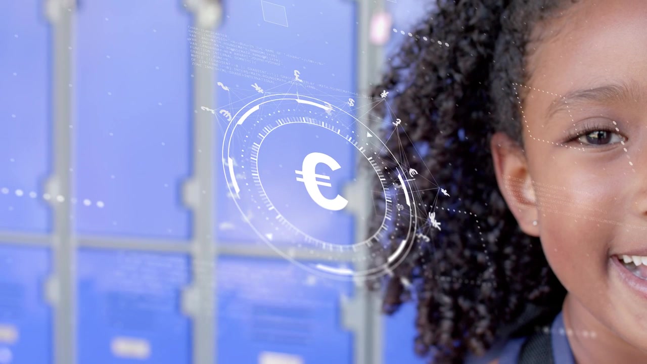 Female student smiling, translucent HUD fading in left of face and animating euro symbol for school