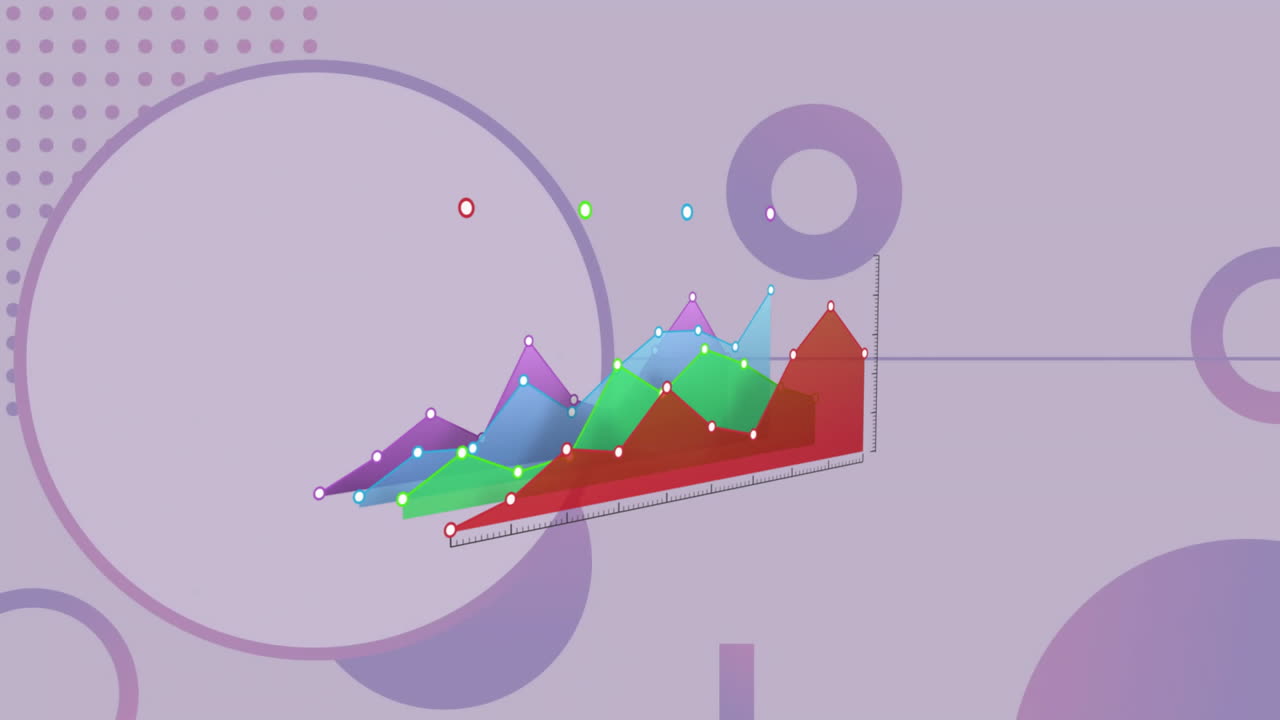 Colorful 3D graph animation over abstract geometric shapes on purple background