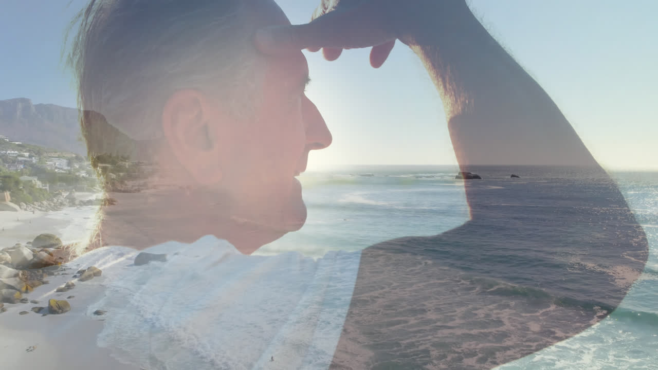 바가에 있는 행복한 노인의 초상화 위에 반이는 빛의 애니메이션