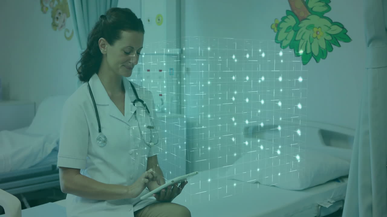 Nurse tapping tablet wearing stethoscope in pediatric ward, showing holographic data grid over beds