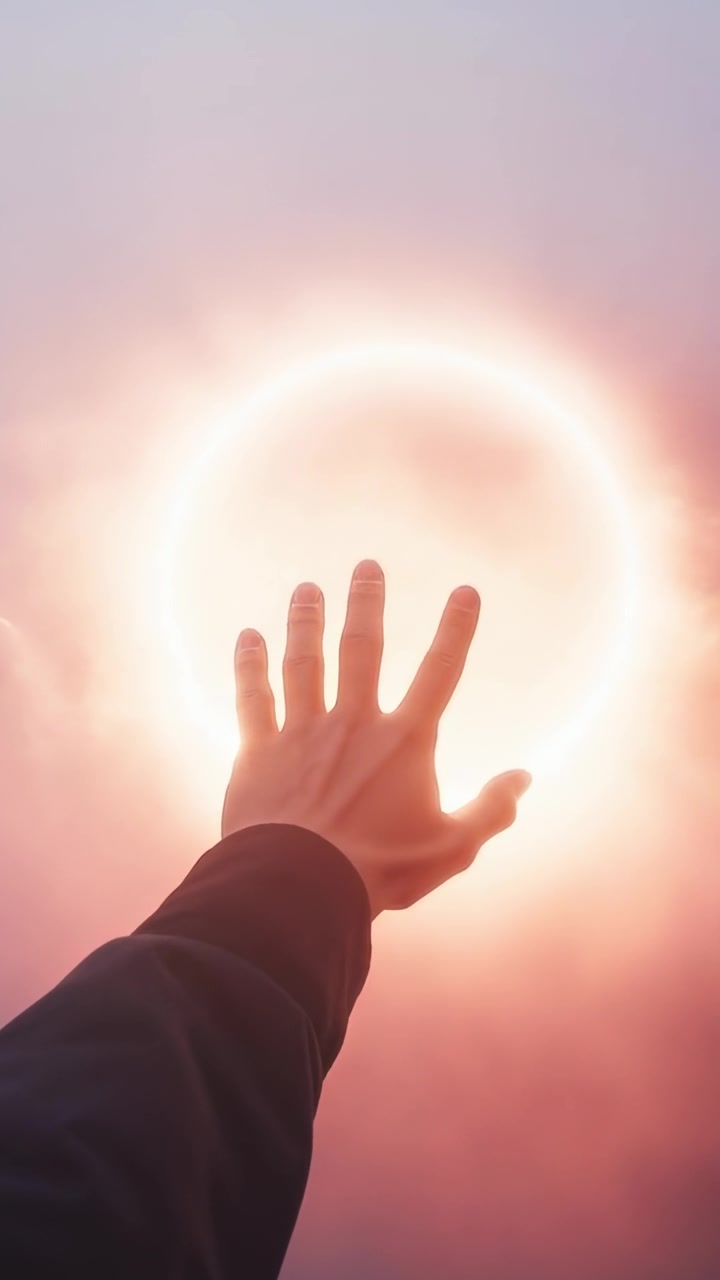 Vertical video: Luminous ring drawing right hand and arm upward toward cloudy sky, dark sleeve