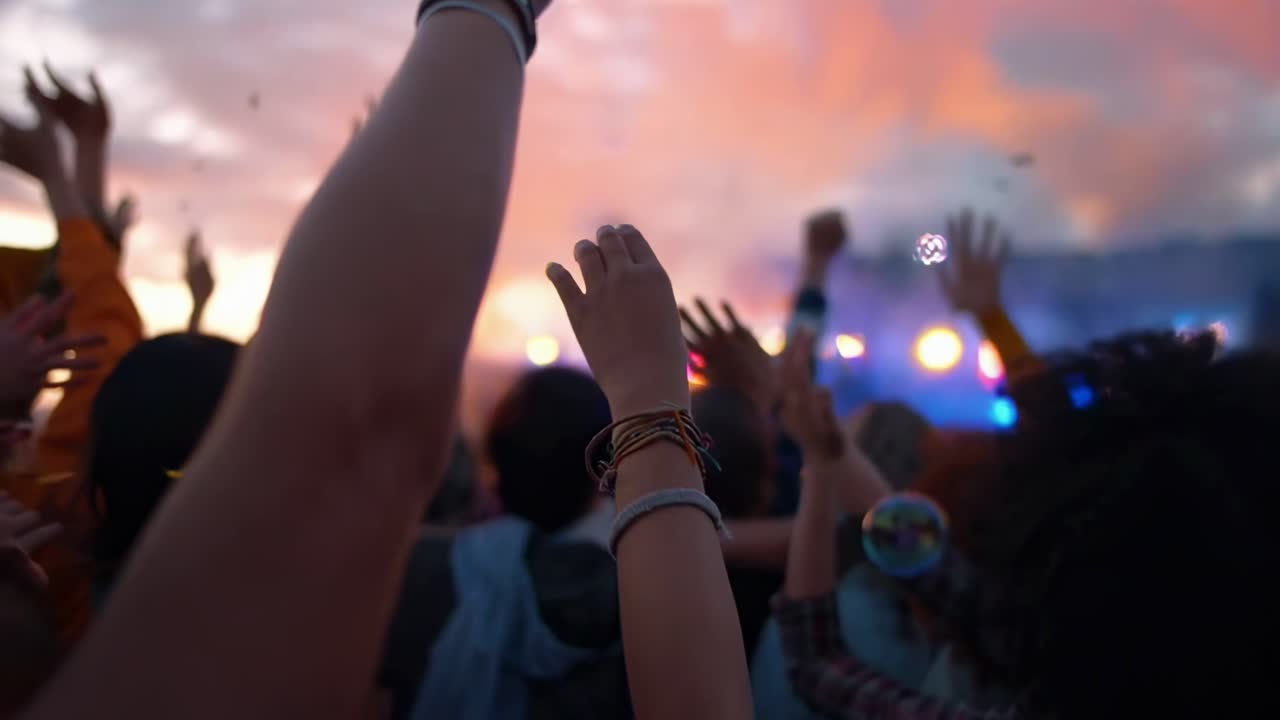 Fermo immagine video dinamico di una folla al tramonto, ripreso dal basso, con le mani alzate in segno di festa.