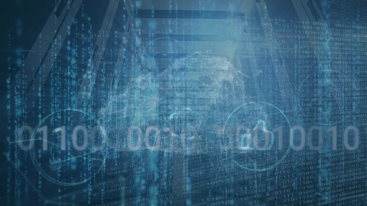 Animation of data, binary code and digital cloud on blue background