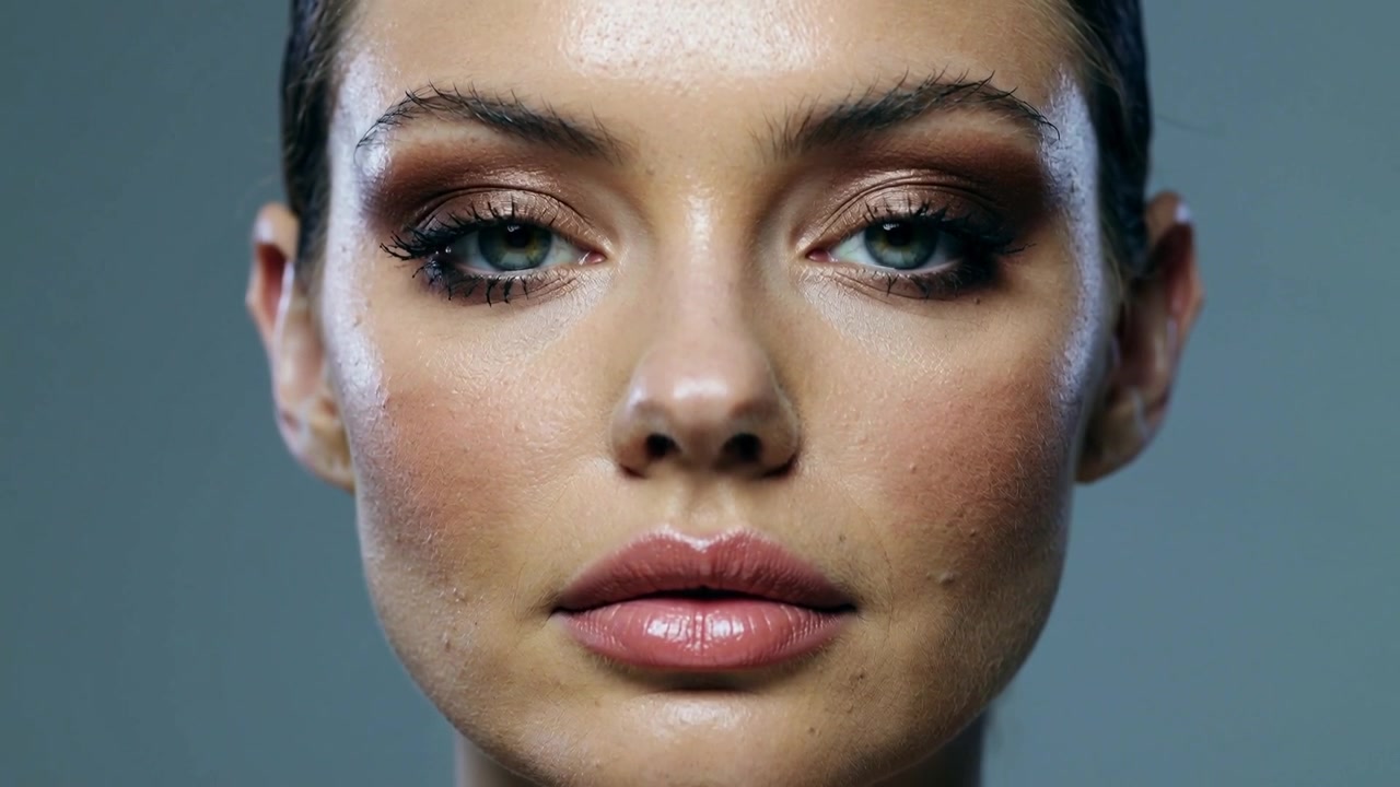 Opening female model's eyes after initial blink, regaining gaze in studio, showing eye makeup