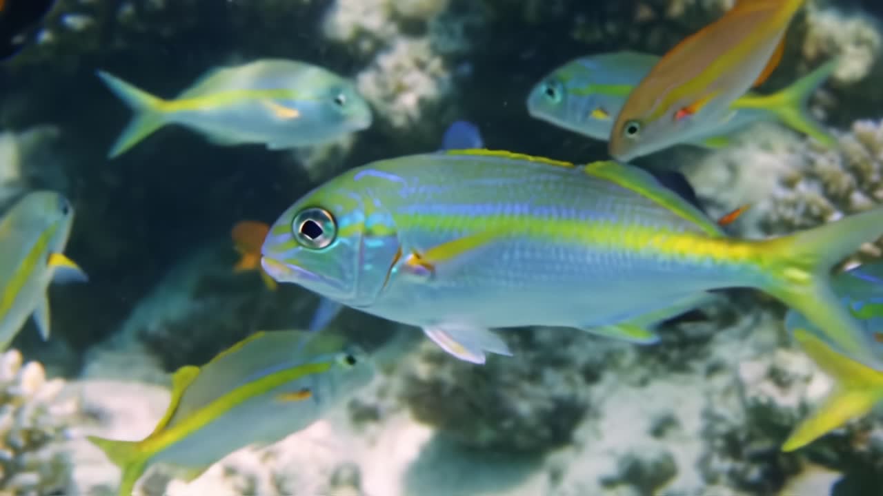 Underwater Exploration: A Vibrant School of Colorful Fish Swimming Amidst Coral Reefs in a Breathtaking Marine Environment