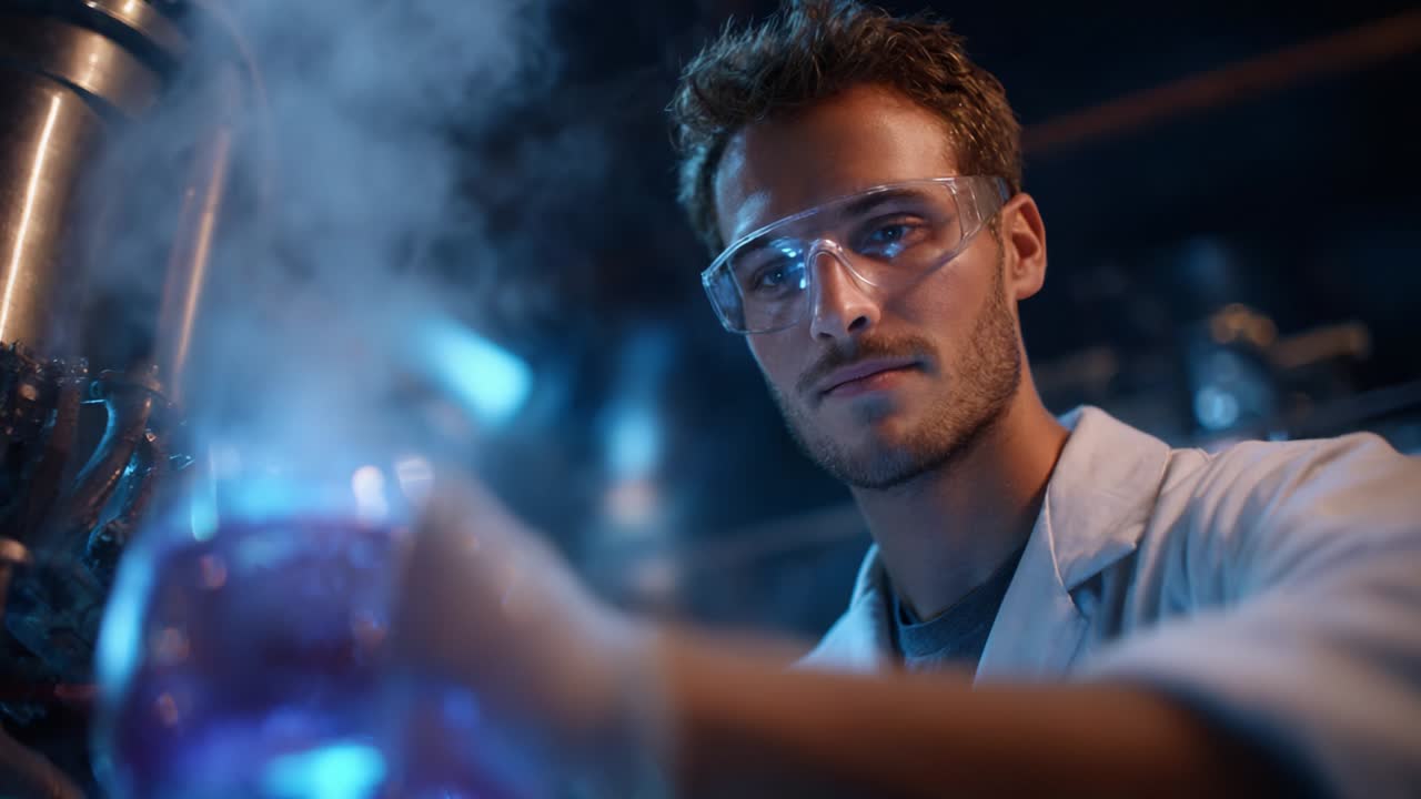 A focused male scientist conducts an intriguing experiment in a captivating laboratory, observing a glowing flask filled with vibrant liquid, steam rising dramatically in the background, showcasing innovation and curiosity
