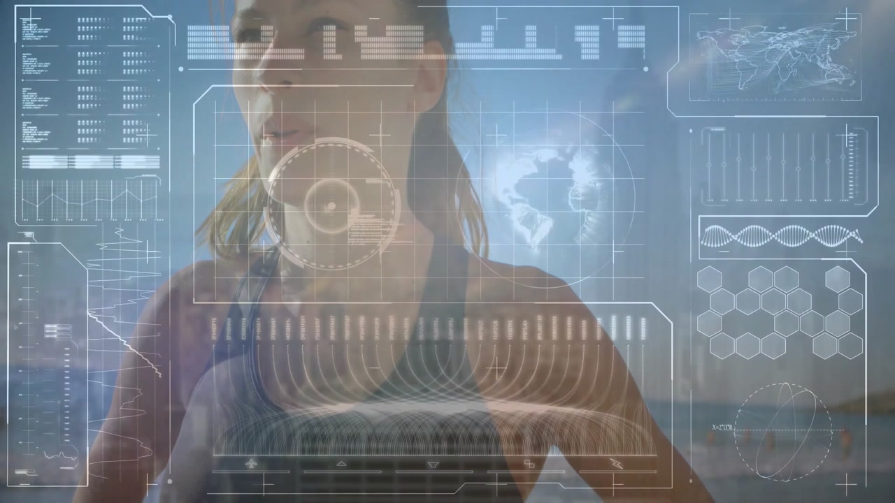 Woman initiating fitness scan with interface overlay scanning waist expanding hexgrid showing data