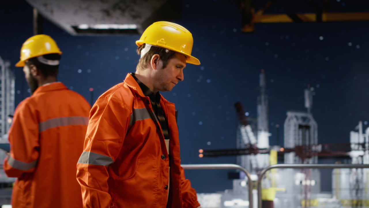 Offshore oil platform engineer pacing the floor being agitated and anxious