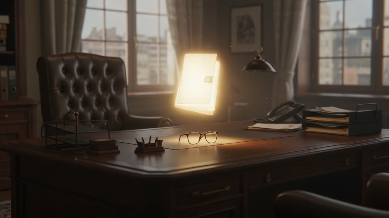 A Magical Transformation: An Enchanted Office Desk with a Floating Book and Glowing Illumination Captured in Two Distinct Frames