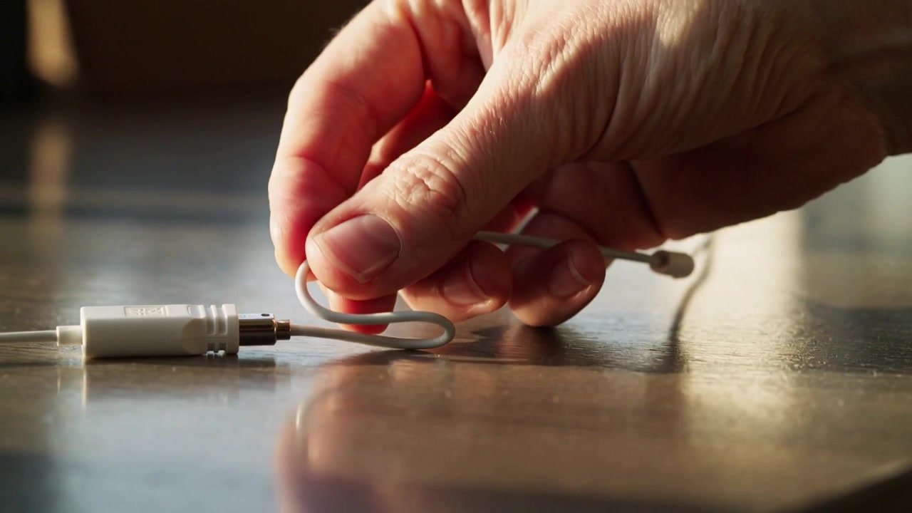 Reaching from right, hand pinching and looping white cable on wood table, securing adapter