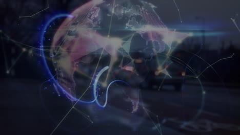 animation of network of connections over traffic and globe