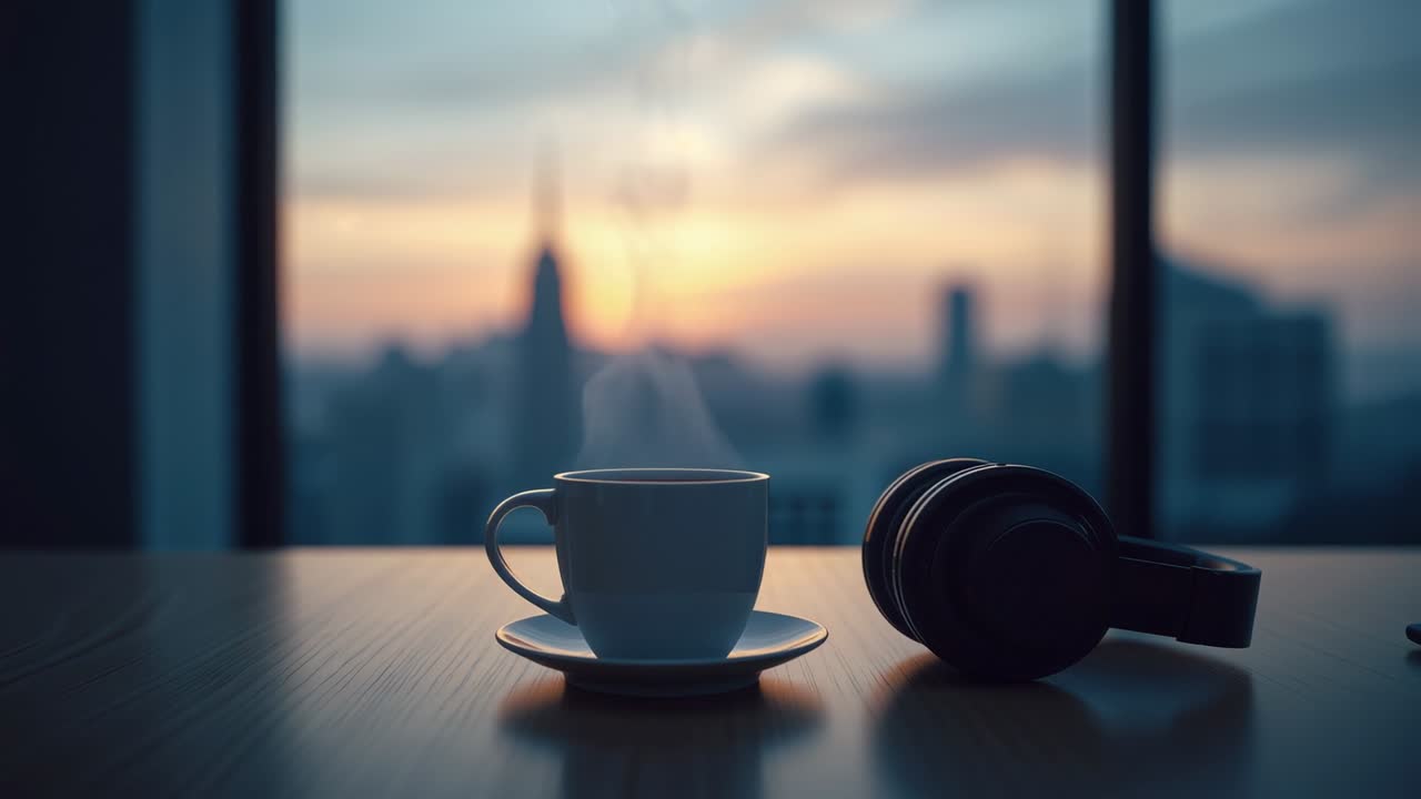 Steaming coffee cup on saucer curling steam from hot brew in high-rise office, with headphones