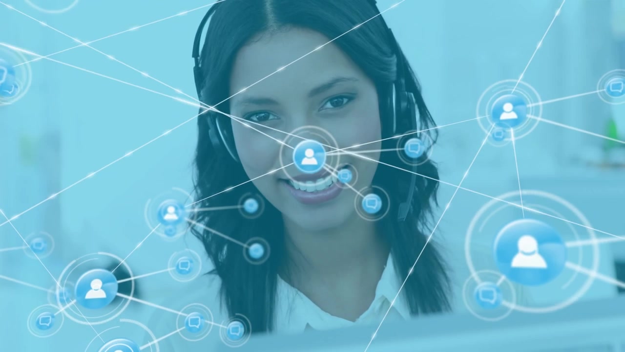 Animazione di rete di connessioni con icone su donna d'affari che usa auricolare telefonico.
