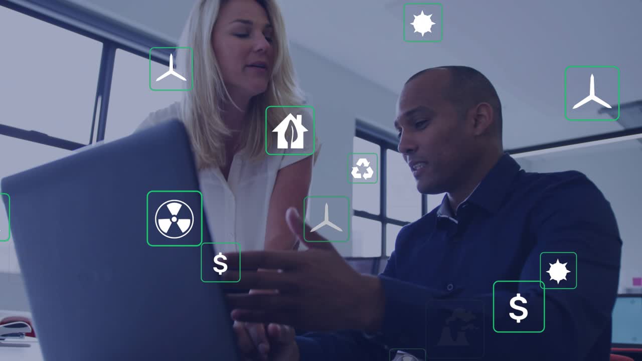 Team at laptop, woman stepping behind pointing generating icons for sustainability finance analysis