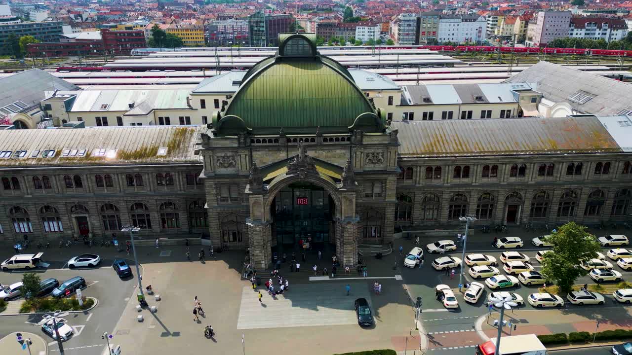 4K Aerial Drone Video of Hauptbahnhof Train Station in Downtown Nurnberg, Germany