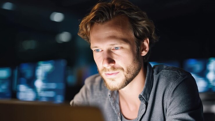 Focused Male Professional Engaged in Coding and Development Work Amidst a High-Tech Environment with Multiple Screens and Dim Lighting