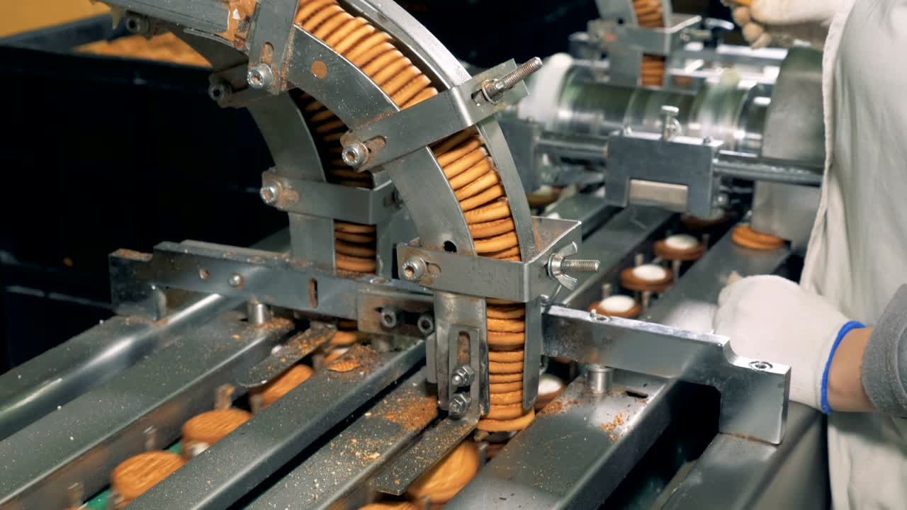 línea de producción de galletas en la fábrica. primer plano.