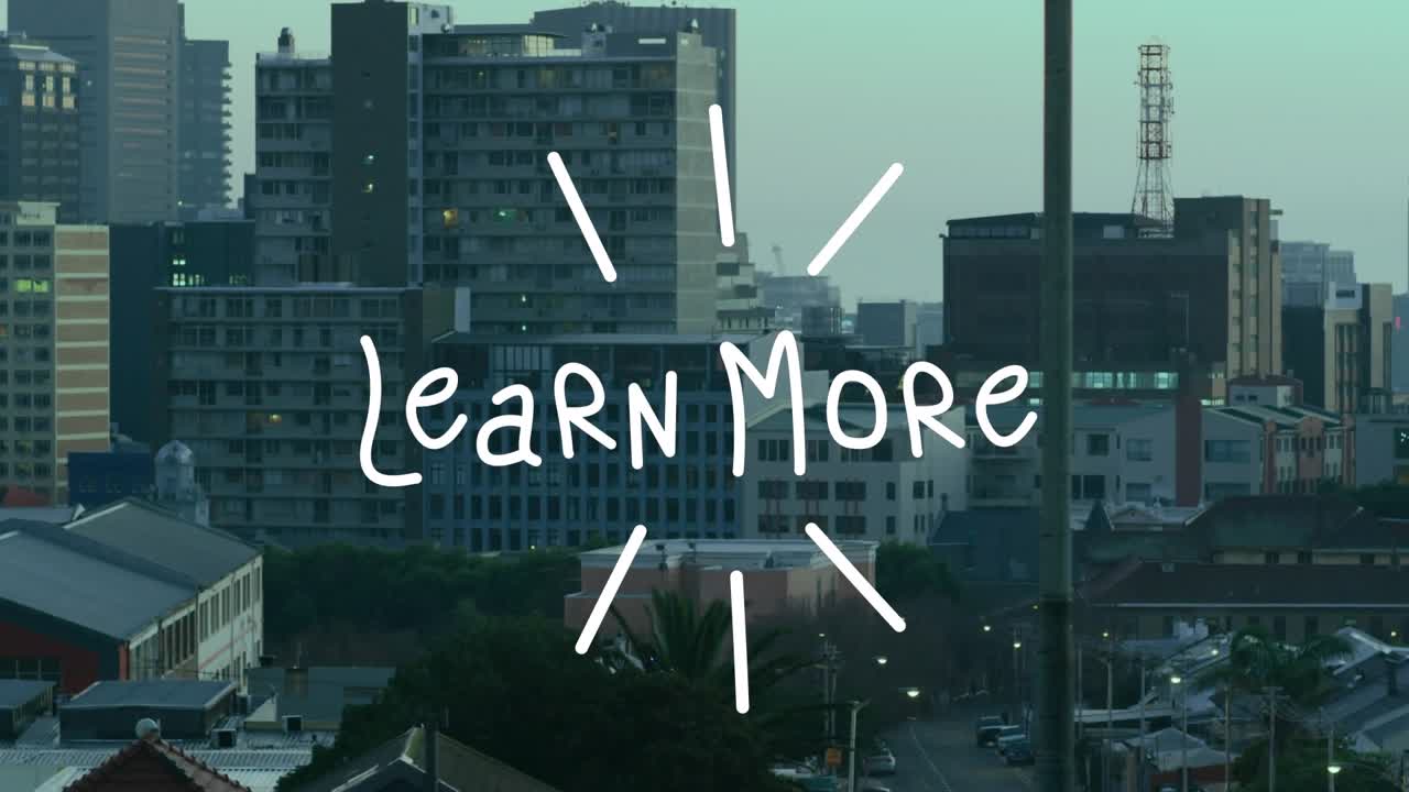Animation of learn more text banner against aerial view of cityscape