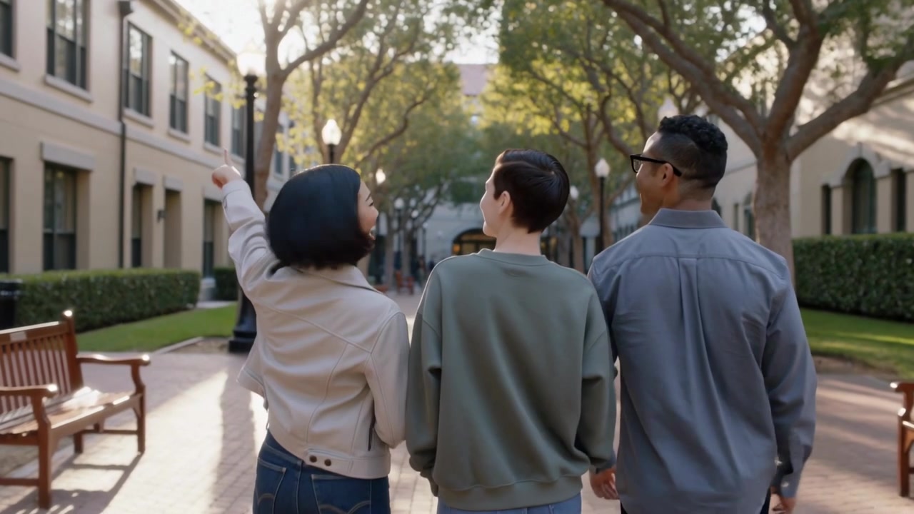Tre studenti in abbigliamento casual camminano su un sentiero di mattoni nel campus, lo studente a sinistra indica e chiama verso un arco.