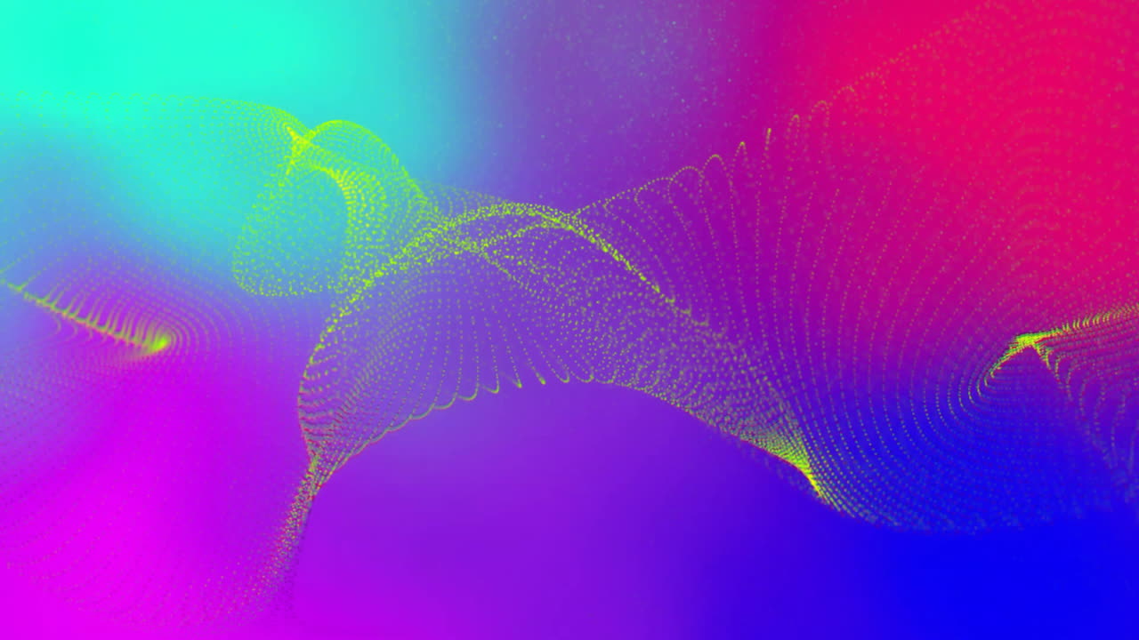 Abstract 3D render showing green dotted wave grid flowing across cyan magenta blue gradient