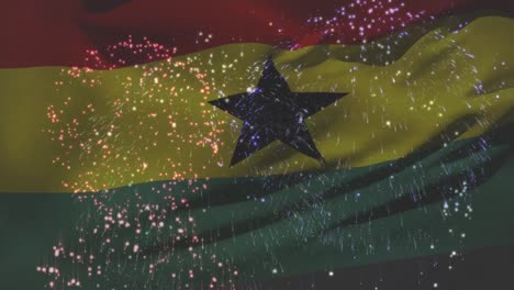 Animación-De-La-Bandera-De-Ghana-Ondeando-Sobre-Fuegos-Artificiales.