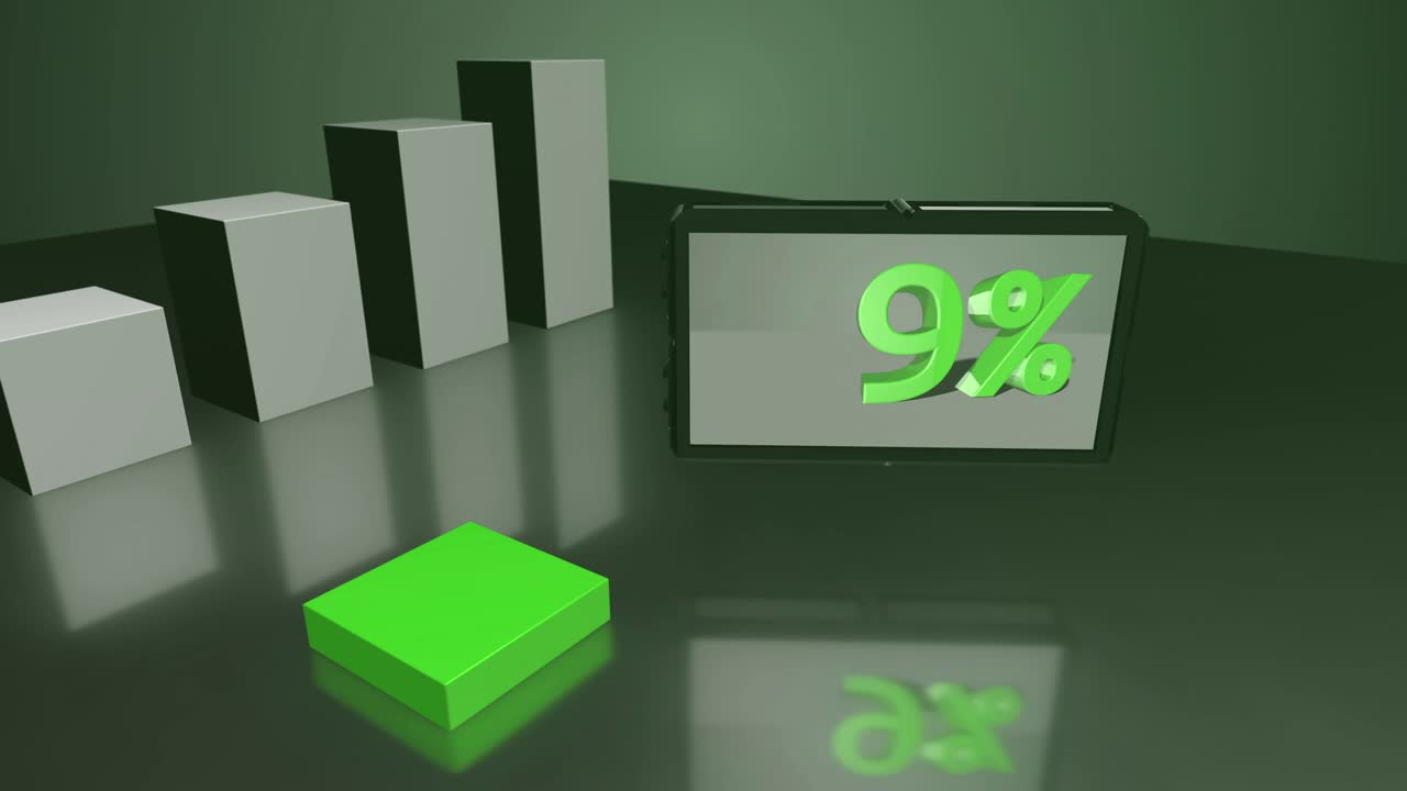 diagrama de barras 3d verde creciente con pantalla hasta el 27%
