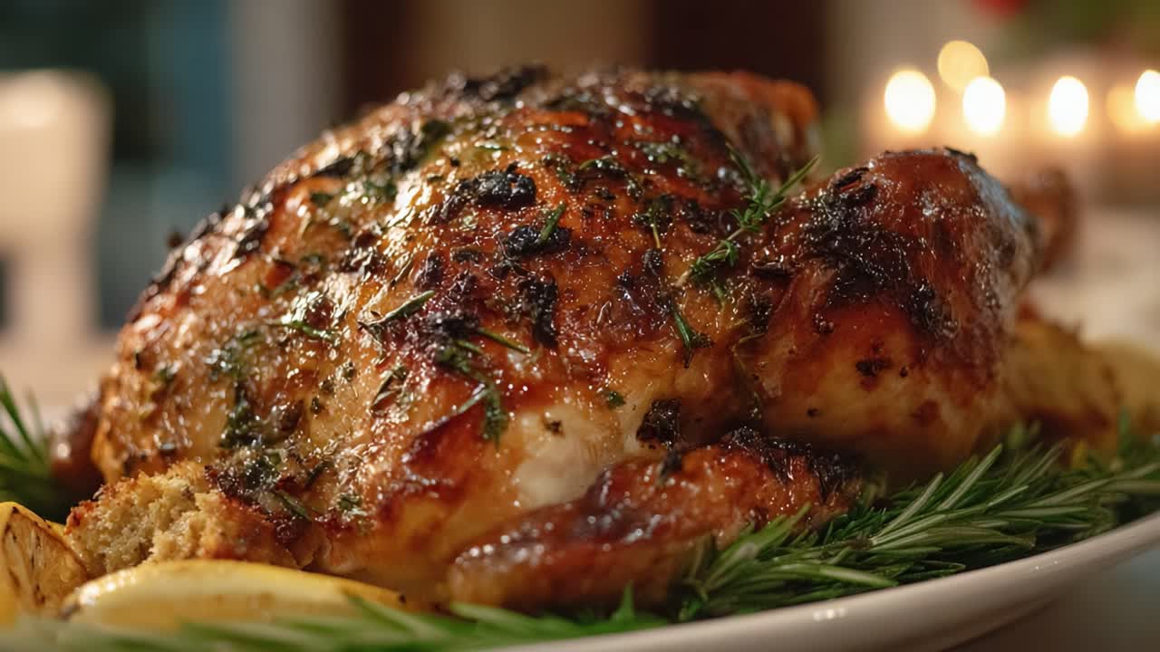 A Scrumptious Roast Chicken Served on a Festive Platter Garnished with Fresh Herbs and Accompanied by Soft Bread, Perfect for Celebrations and Gatherings