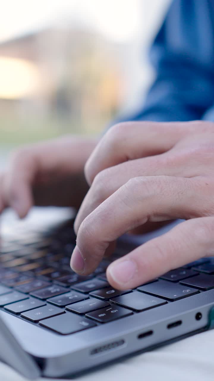 Programmer writing code outdoors on laptop keyboard. Vertical