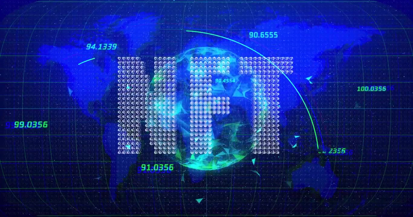Green arc sweeping globe scattering dots forming NFT letters then dissolving visualizing data flow
