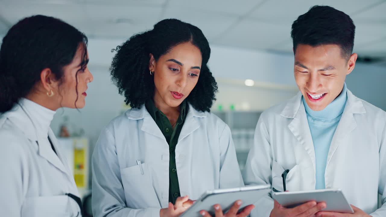 Scientist, teamwork and tablet for research