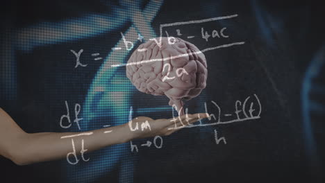 animation of rotating brain, dna and math formulas on black background with woman hand