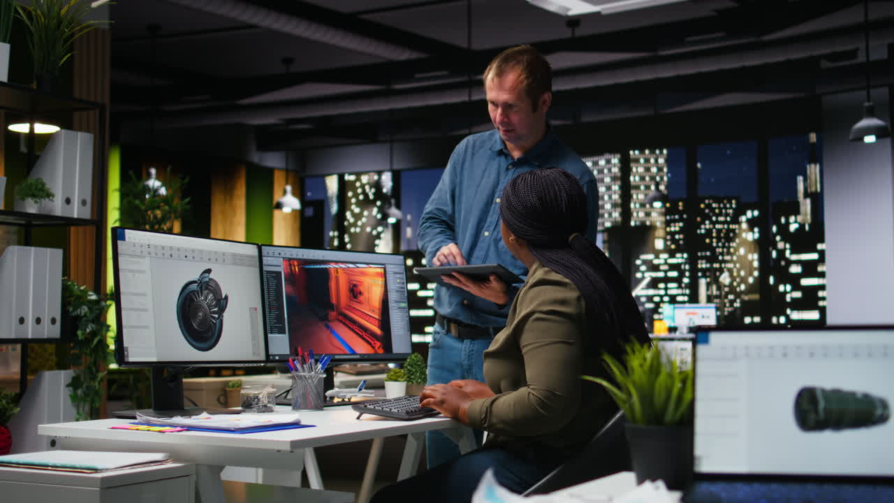 Team of skilled engineers creating Mars based virtual station using turbine