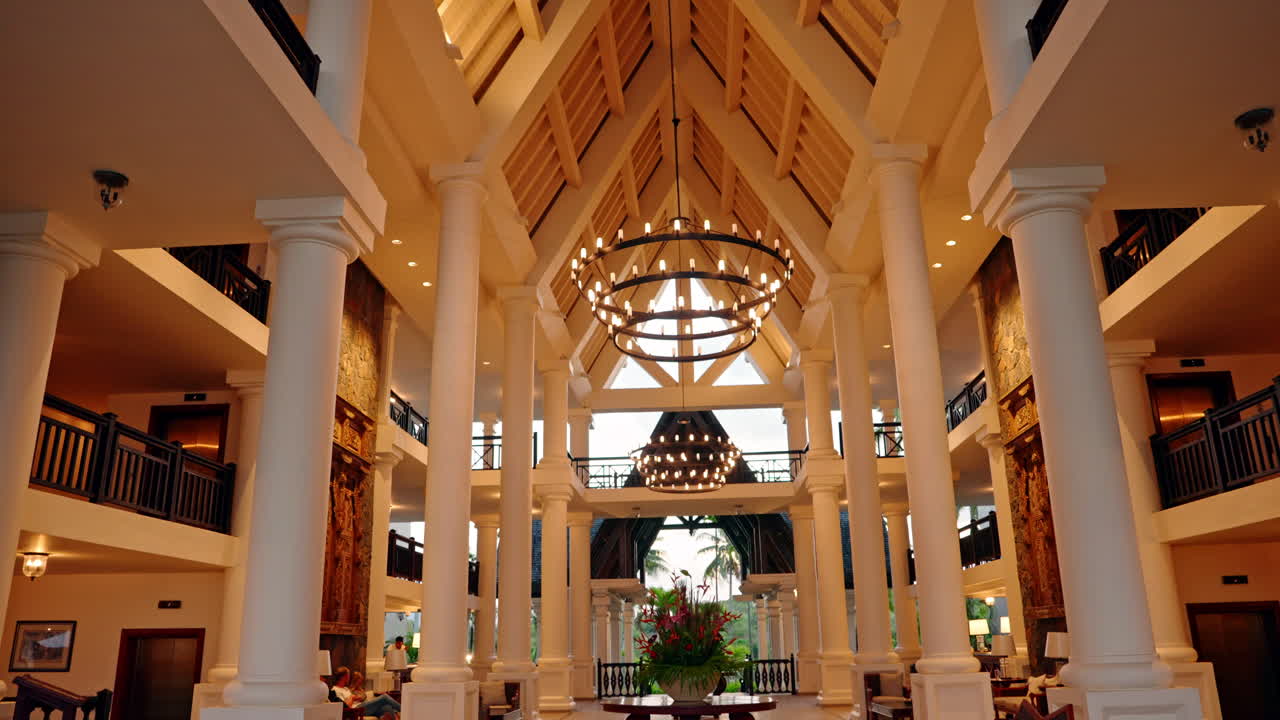 Panoramic view of luxury beach resort lobby. View of the high pillars lobby. Architectual beauty. vacation destination.
