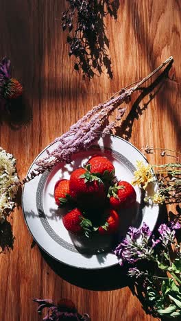 strawberries on a plate with dried flowers