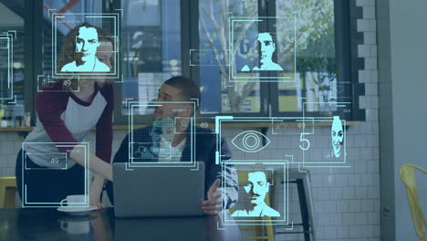 animación de la red de fotos biométricas y procesamiento de datos sobre personas de negocios que trabajan en la oficina.