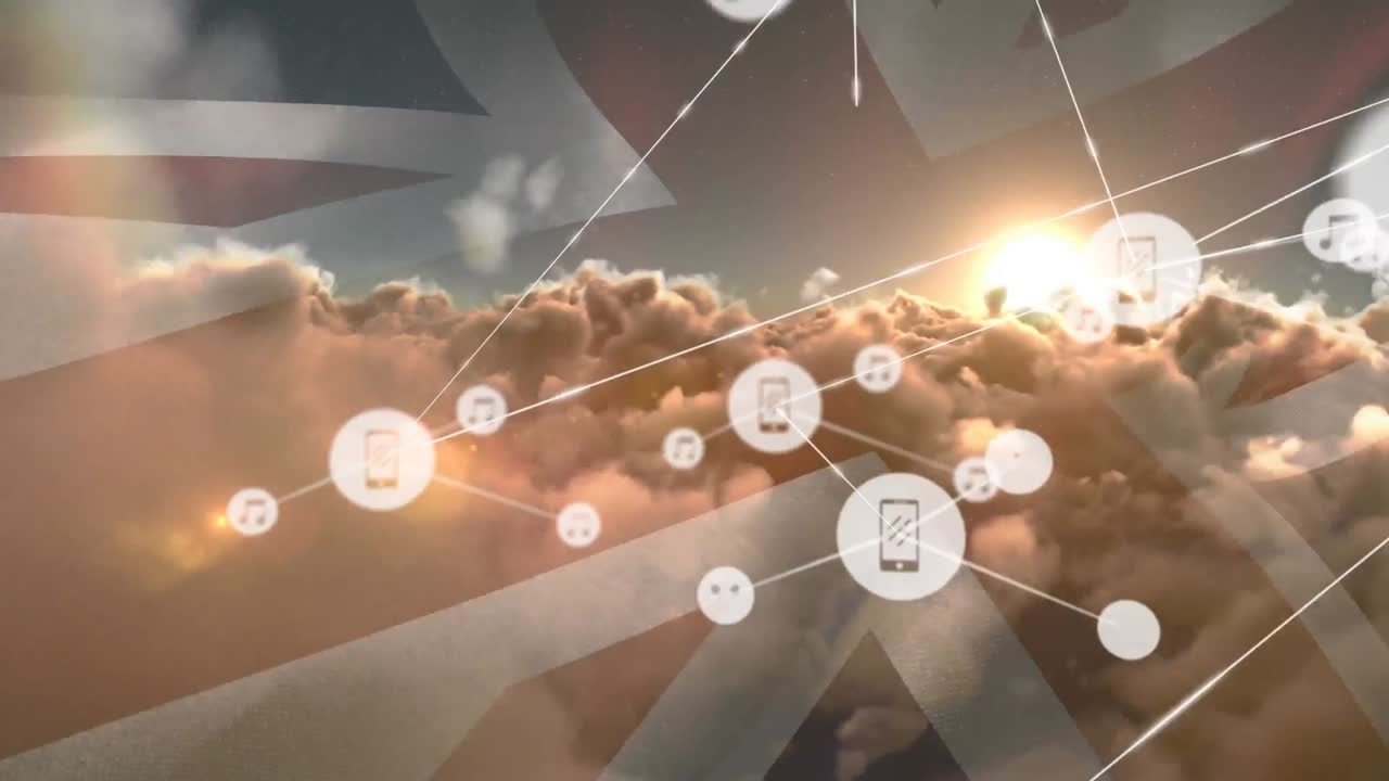 하늘의 구름에 대항하여 영국  ⁇ 발을 흔드는 디지털 아이콘의 네트워크