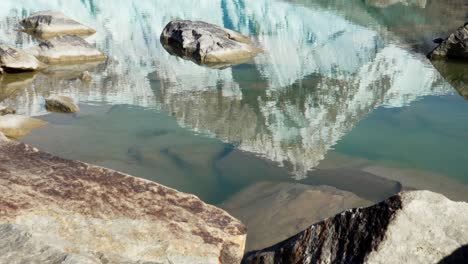 glacial meltwater pool at the base of mount san lorenzo in patagonia reflects snow covered mountain in turquoise water. perito moreno national park, santa cruz, patagonia