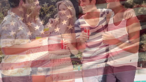 group of friends by the pool and an american flag