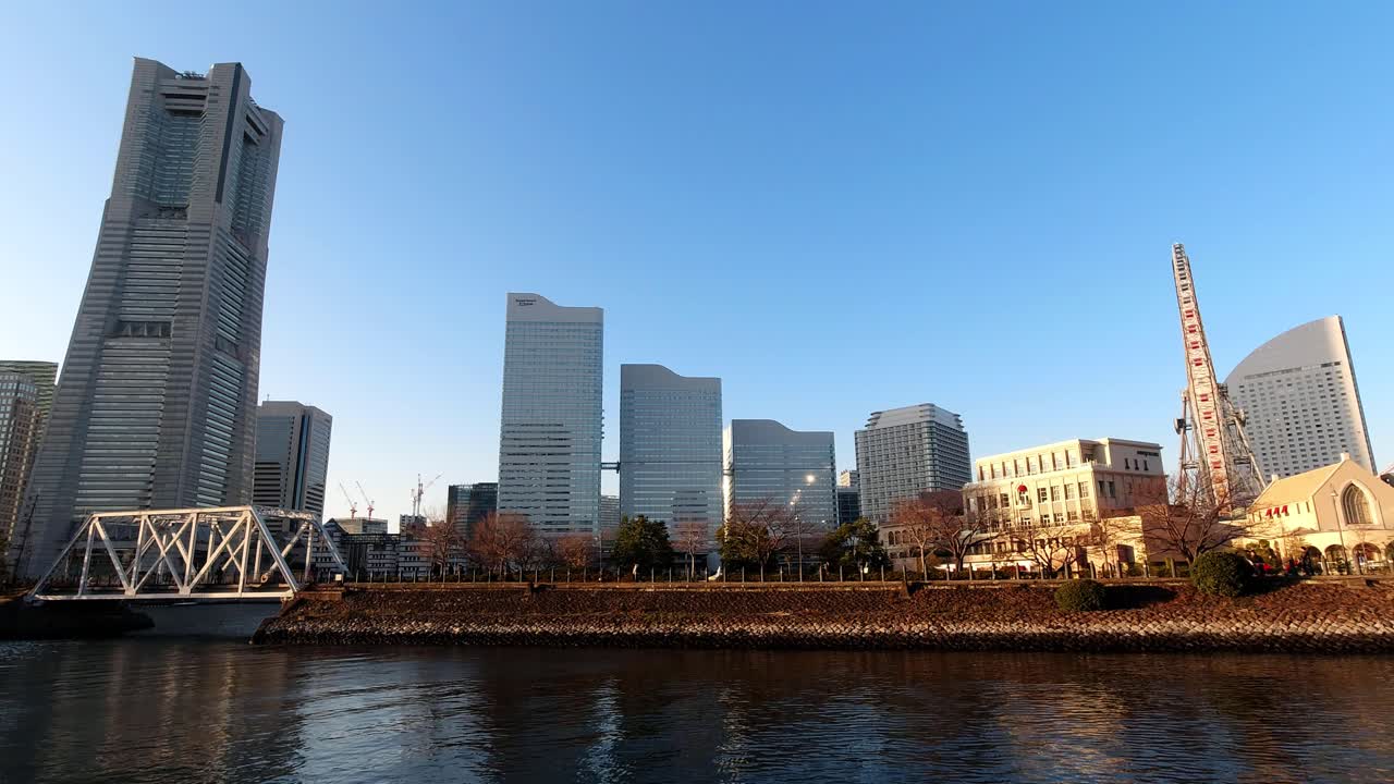 Evening at the waterfront in Minato Mirai, Yokohama Japan during the winter. 4K UHD resolution.
