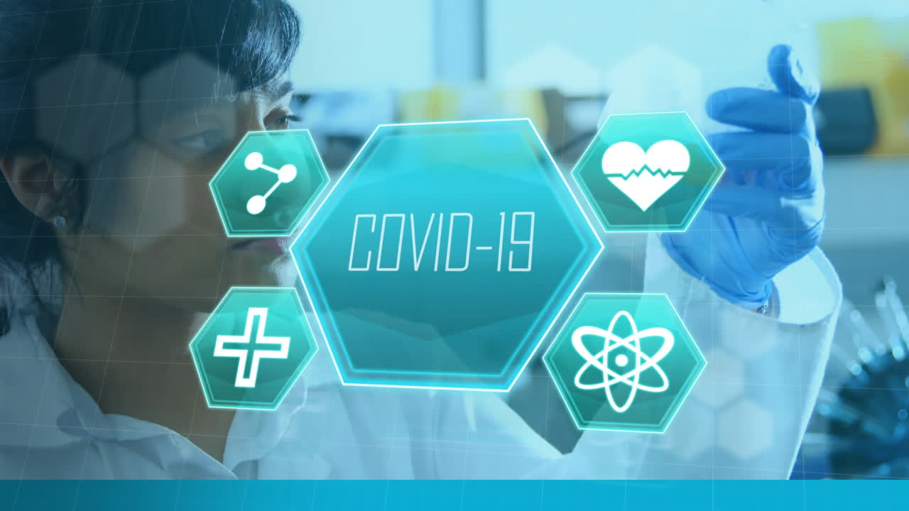 실험실에서 일하는 여성 과학자에 대한 코로나19 텍스트와 함께 의학 아이콘