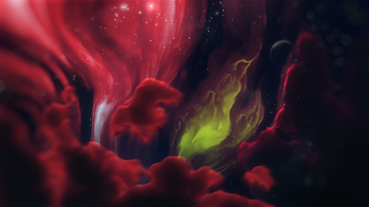 Nebulosa astratta dinamica con gas rosso e giallo e stelle